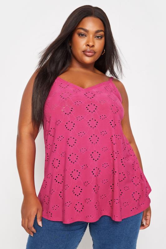 Grande Taille YOURS Curve Hot Pink Broderie Anglaise Swing Cami Top