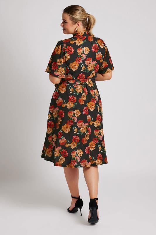 YOURS LONDON Plus Size Black & Orange Floral Print Skater Dress | Yours Clothing  3