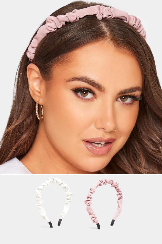 2 PACK White & Pink Ruched Headbands | Yours Clothing 1