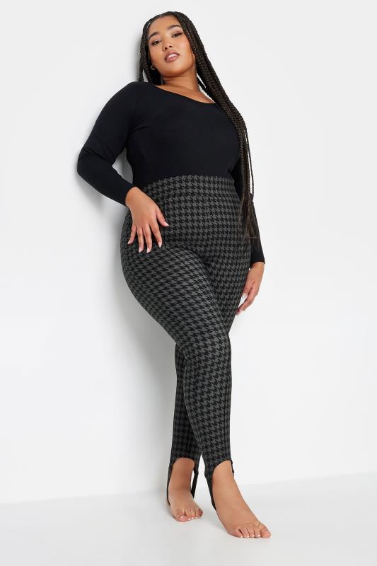 YOURS Plus Size Black Dogtooth Check Bengaline Stirrup Leggings | Yours Clothing 2