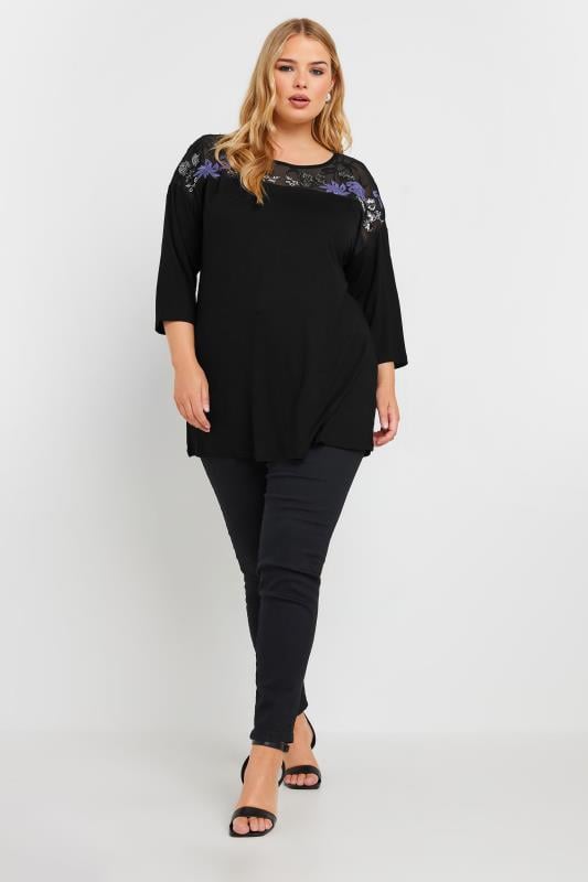 YOURS Plus Size Black & Purple Mesh Embellished Swing Top | Yours Clothing  2