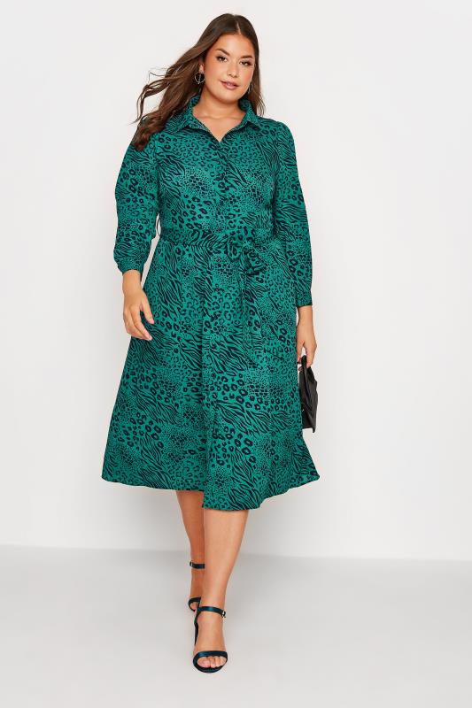  Grande Taille YOURS LONDON Curve Green Animal Print Shirt Dress