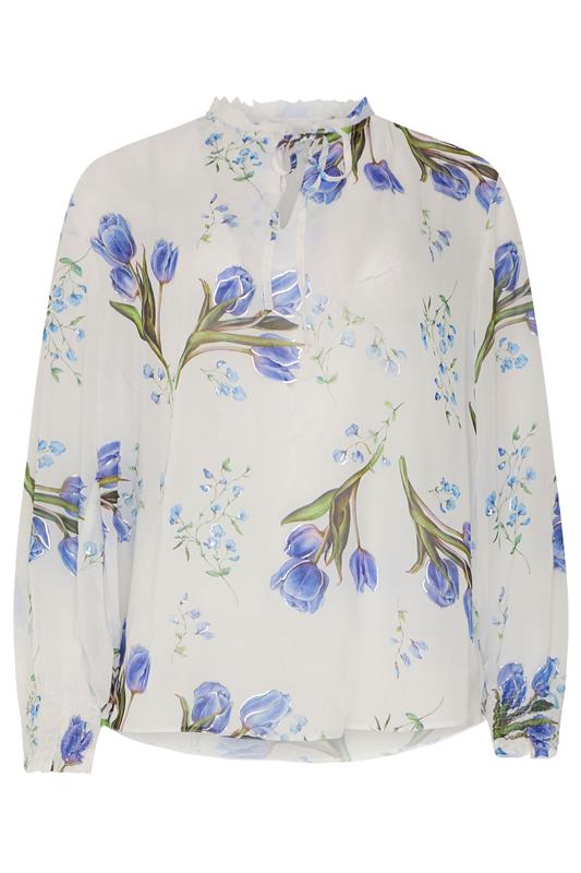 M&Co White & Blue Floral Tie Neck Blouse | M&Co 5