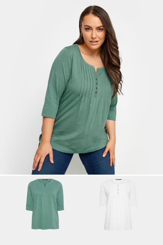 YOURS 2 PACK Plus Size Green & White Pintuck Henley T-Shirts | Yours Clothing 1