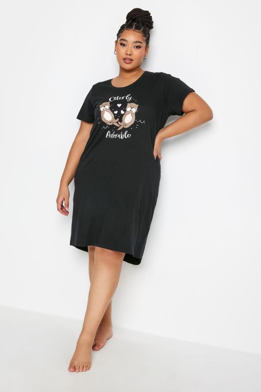 YOURS Plus Size Black 'Otterly Adorable' Slogan Print Nightdress | Yours Clothing 2