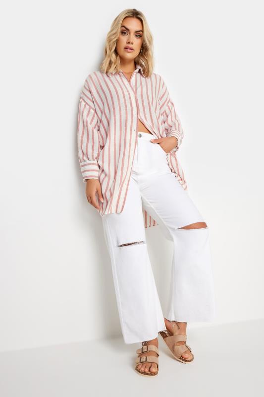 YOURS Curve White & Pink Striped Linen Shirt 4