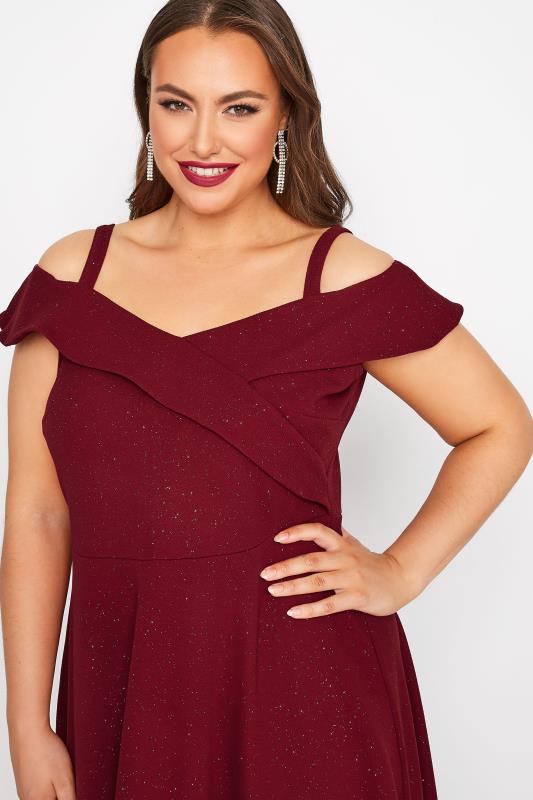 YOURS LONDON Plus Size Curve Red Glitter Bardot High Low Bridesmaid Dress | Yours Clothing 4