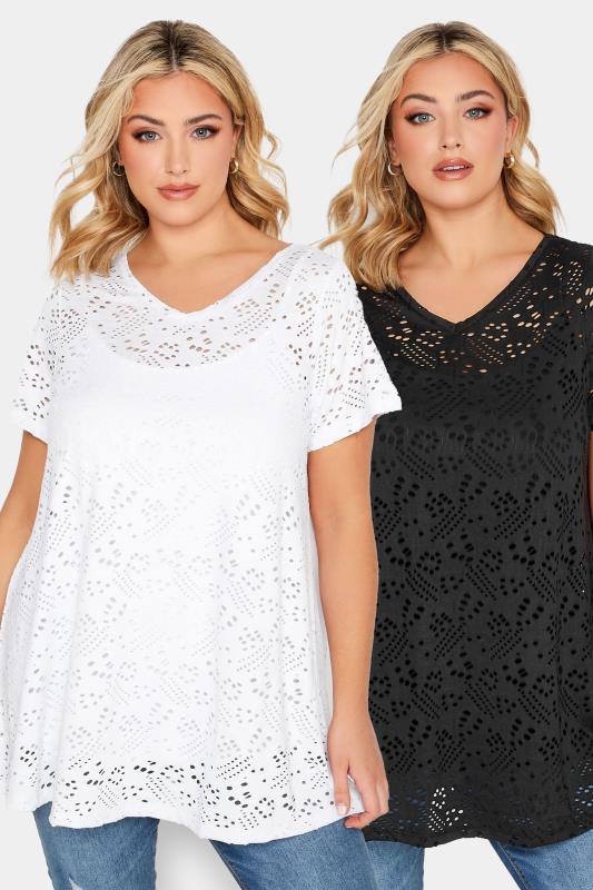 YOURS Curve Plus Size 2 PACK White & Black Broderie Anglaise Swing V-Neck T-Shirt | Yours Clothing  1