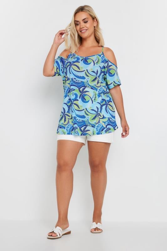 YOURS Plus Size Blue Palm Tropical Print Cold Shoulder Top | Yours Clothing 3