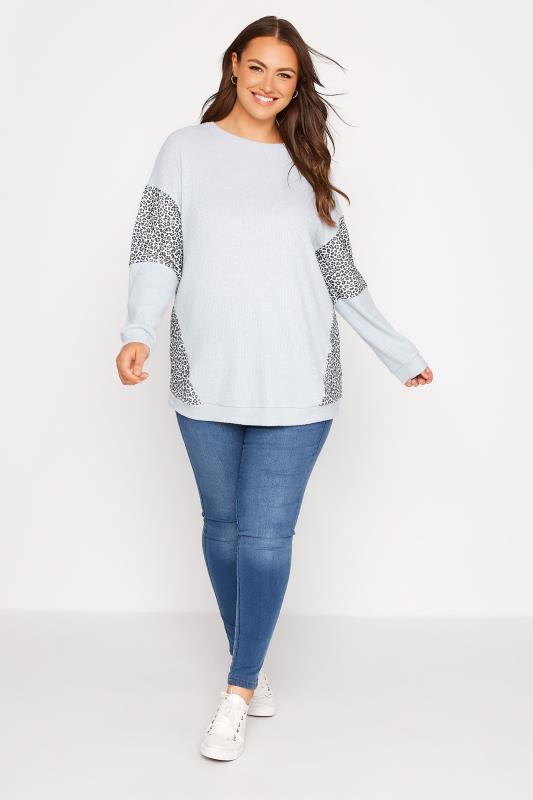 Plus Size Blue Leopard Print Ribbed Colour Block Top | Yours Clothing  2