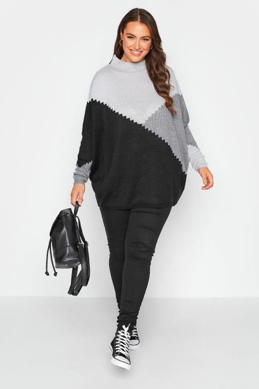 Plus Size Black & Grey Colour Block Oversized Knitted Jumper | Yours Clothing 2