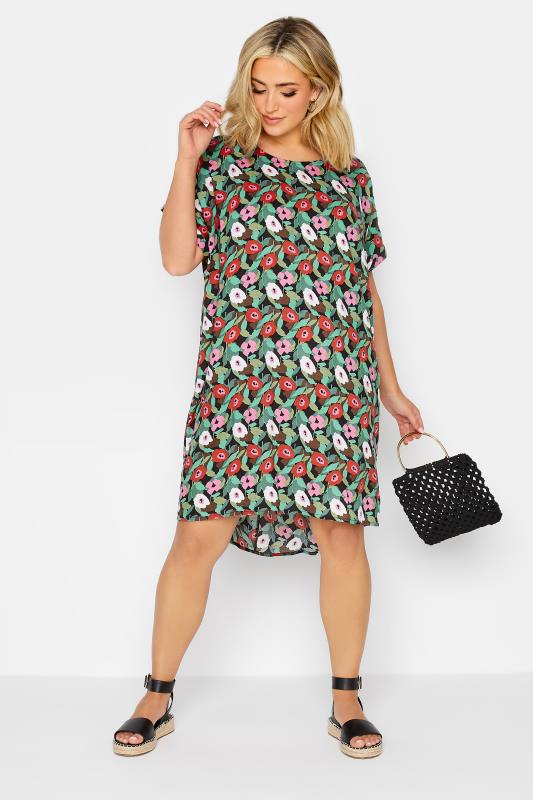 YOURS Plus Size Black Floral Print Dipped Hem Shift Dress | Yours Clothing 1