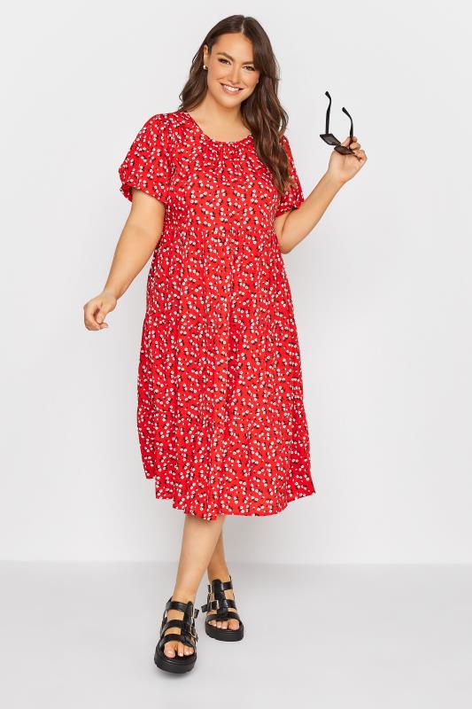 Curve Red Ditsy Print Tiered Smock Midaxi Dress 1