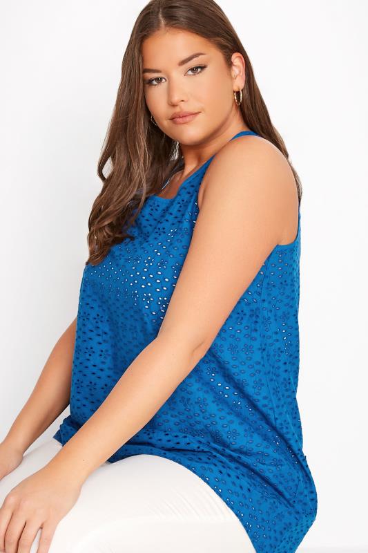 Plus Size Blue Broderie Anglaise Dipped Hem Vest Top | Yours Clothing 3