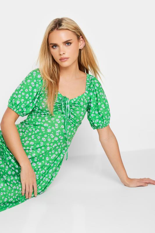 Petite Green Daisy Print Ruched Front Dress | PixieGirl 4