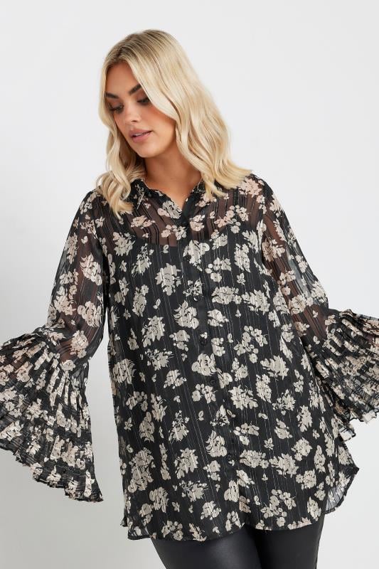 Plus Size  YOURS Curve Black Floral Print Flared Sleeve Shirt