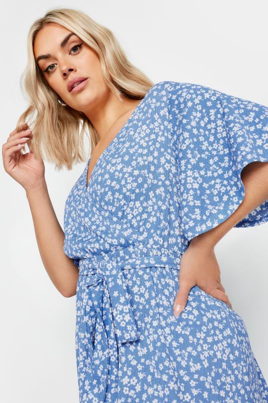YOURS Plus Size Blue Floral Print Textured Wrap Top | Yours Clothing 4