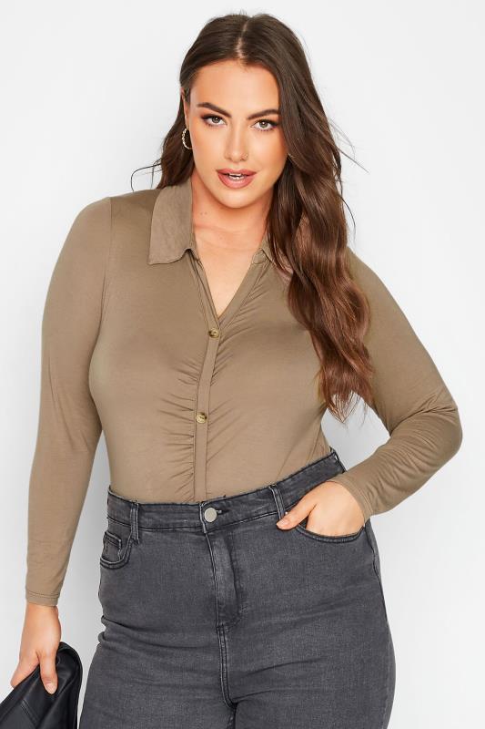 Plus Size  LIMITED COLLECTION Curve Beige Brown Ruched Front Bodysuit
