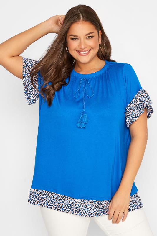 Plus Size Blue Ditsy Print Contrast Trim Tunic Top | Yours Clothing 1