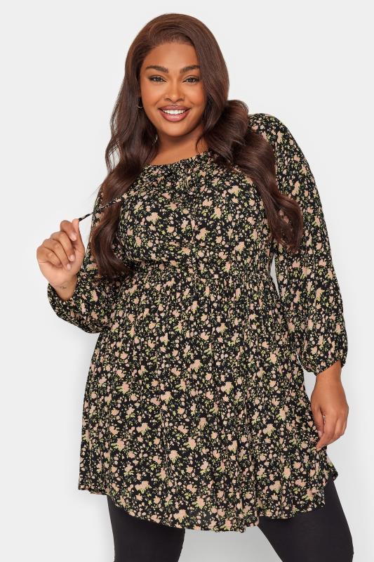 Plus Size  YOURS Curve Black Floral Print Long Sleeve Gypsy Tunic Top