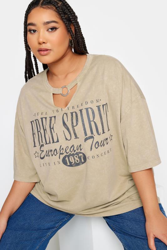 Plus Size  YOURS Curve Brown 'Free Spirit' Printed T-Shirt
