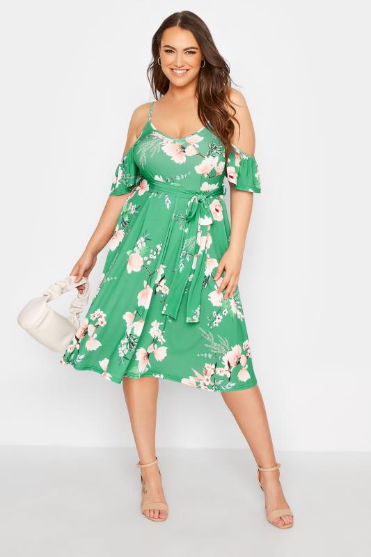 YOURS LONDON Plus Size Green Floral Cold Shoulder Dress | Yours Clothing 1