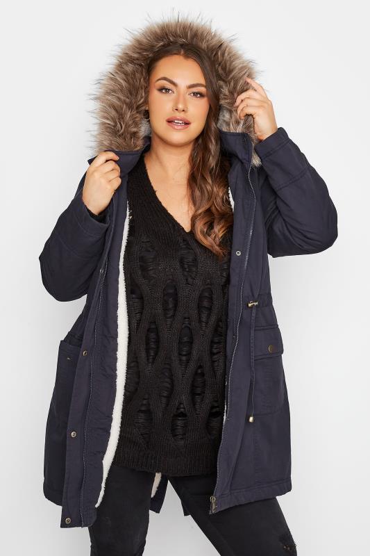 Curve Navy Blue Faux Fur Lined Hooded Parka 2