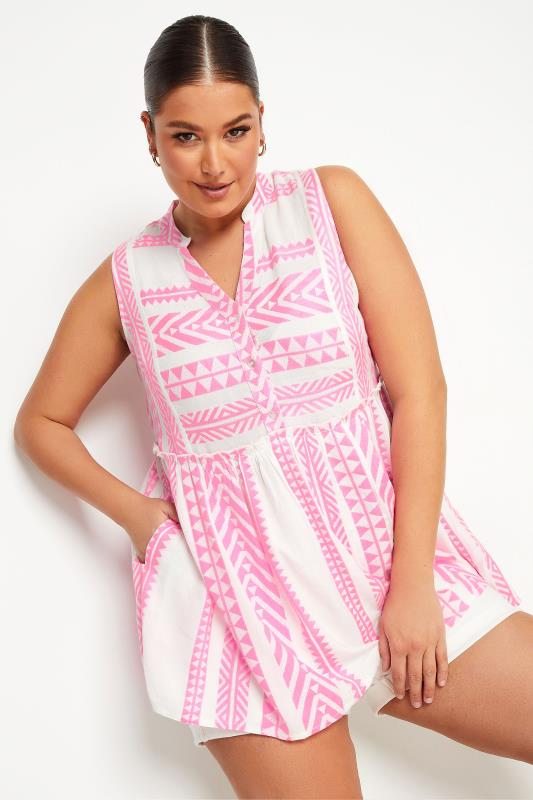 Plus Size  LIMITED COLLECTION Curve White & Pink Aztec Print Peplum Top
