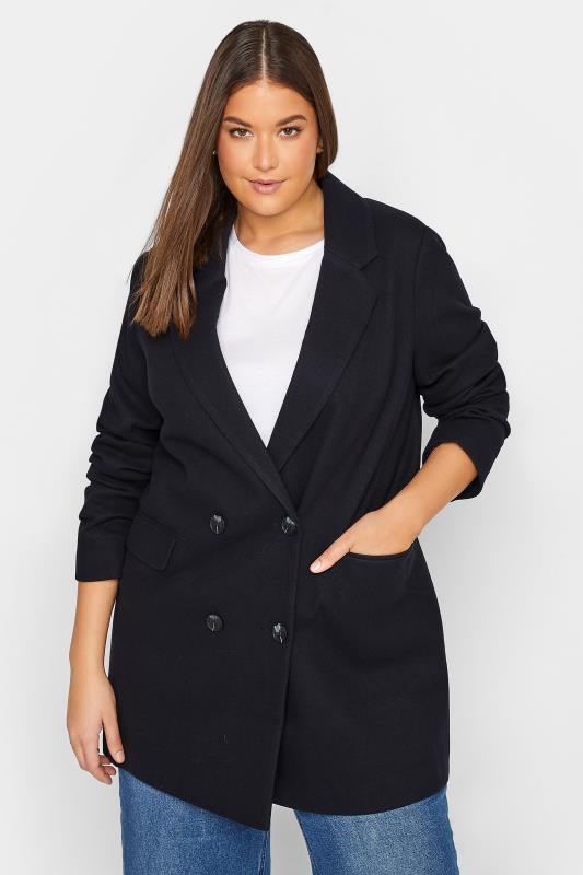 LTS Tall Women's Navy Blue Double Breasted Brushed Jacket | Long Tall Sally 4