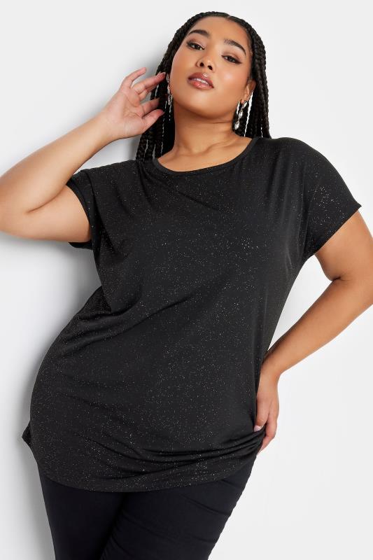 YOURS Plus Size Black Glitter Print Short Sleeve Top | Yours Clothing 1