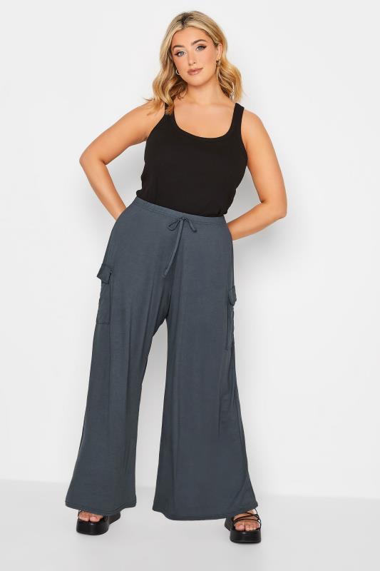 YOURS Curve Plus Size Charcoal Grey Wide Leg Cargo Trousers | Yours Clothing  2
