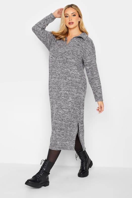 Plus Size  YOURS Curve Grey Marl Textured Soft Touch Open Collar Midi Dress