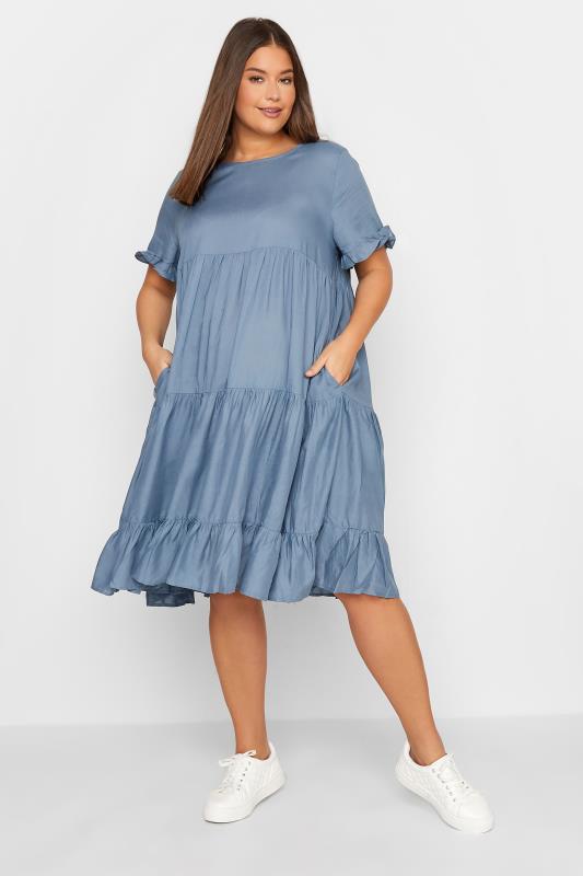 Tall Women's LTS Maternity Blue Tiered Linen Look Smock Dress | Long Tall Sally 1