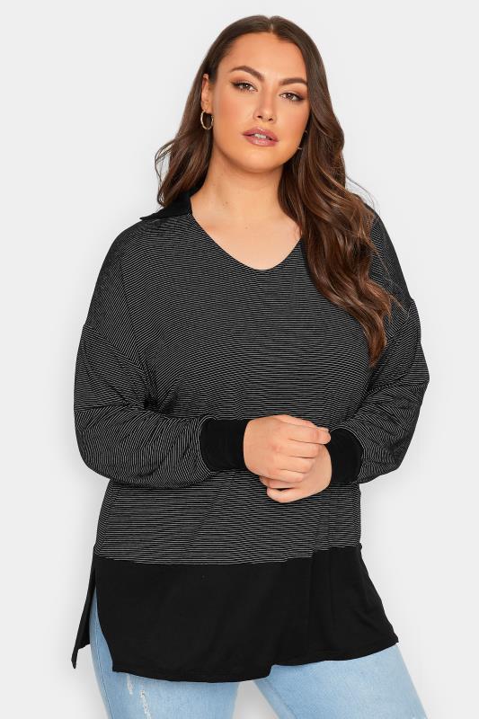 YOURS Plus Size Curve Black Stripe Polo Scoop Neck Top | Yours Clothing  4
