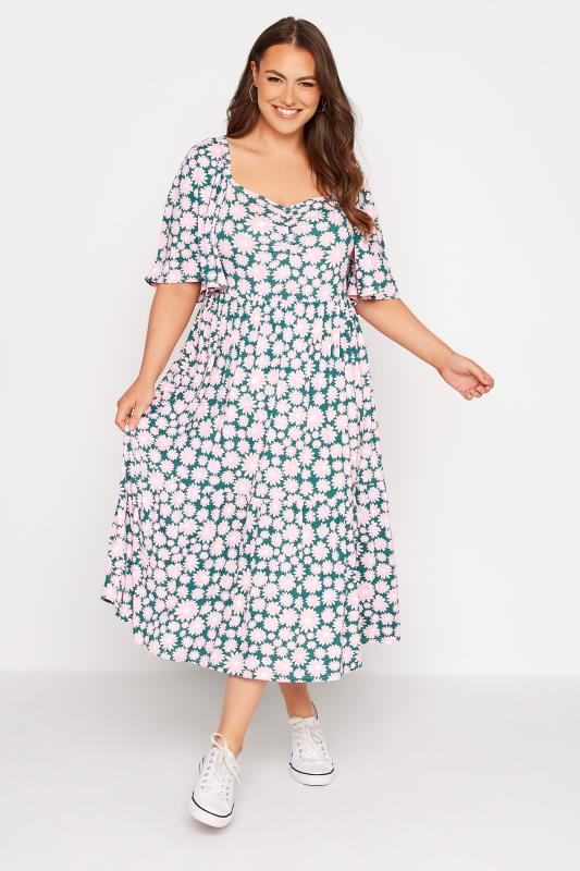 Plus Size Pink Daisy Print Square Neck Midaxi Dress | Yours Clothing 2