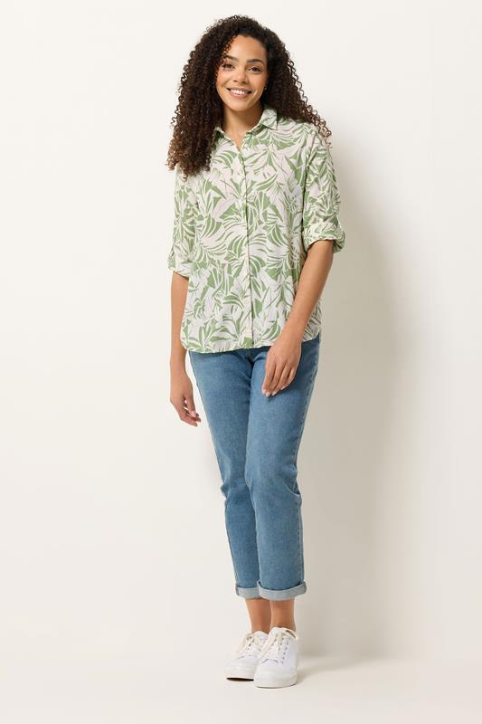 M&Co Khaki Green Leaf Print Tab Sleeve Shirt 1