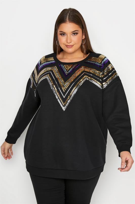 Plus Size  Black Sequin Star Neckline Sweatshirt