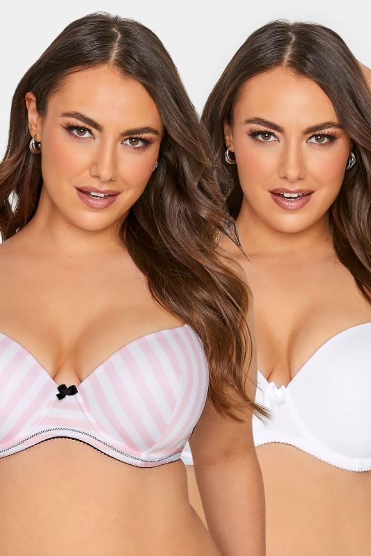  2 PACK Pink & White Stripe Padded T-Shirt Bras - Available In Sizes 38DD - 48G