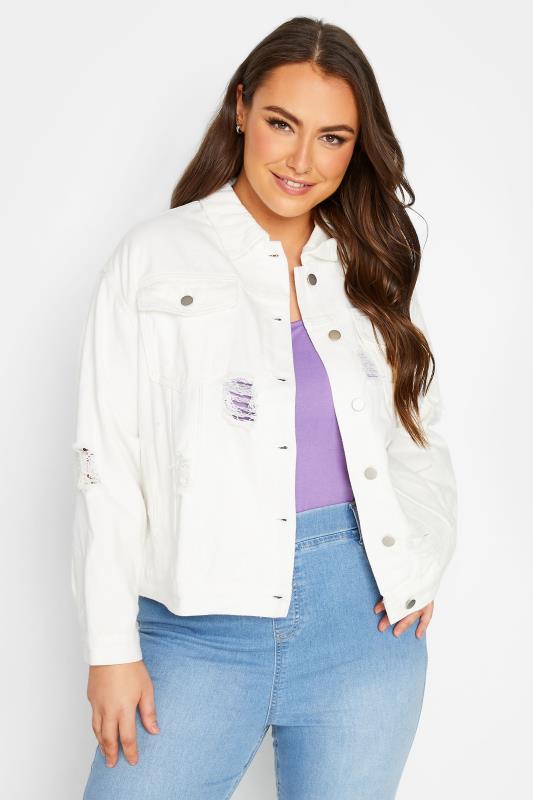 YOURS Curve White Distressed Western Denim Jacket | Yours Clothing  1