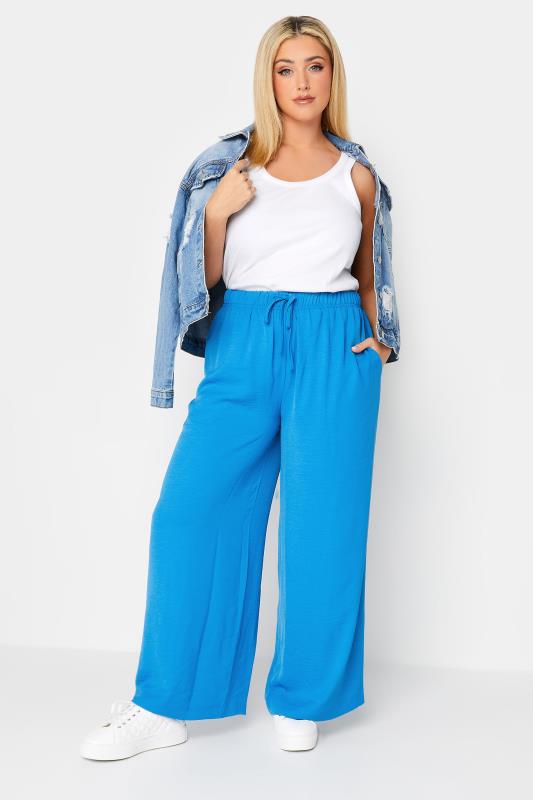 YOURS Plus Size Blue Washed Twill Wide Leg Trousers | Yours Clothing 2