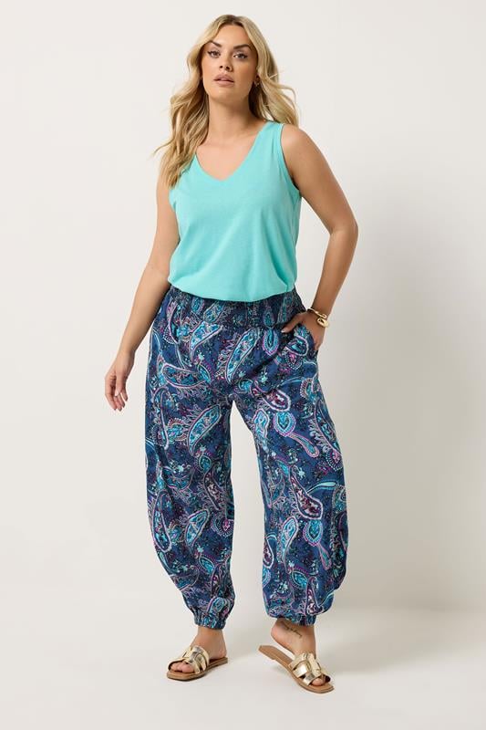 YOURS Plus Size Blue Paisley Print Balloon Trousers | Yours Clothing 1