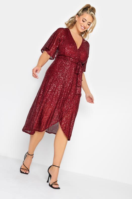 YOURS LONDON Plus Size Red Sequin Embellished Double Wrap Dress | Yours Clothing 2