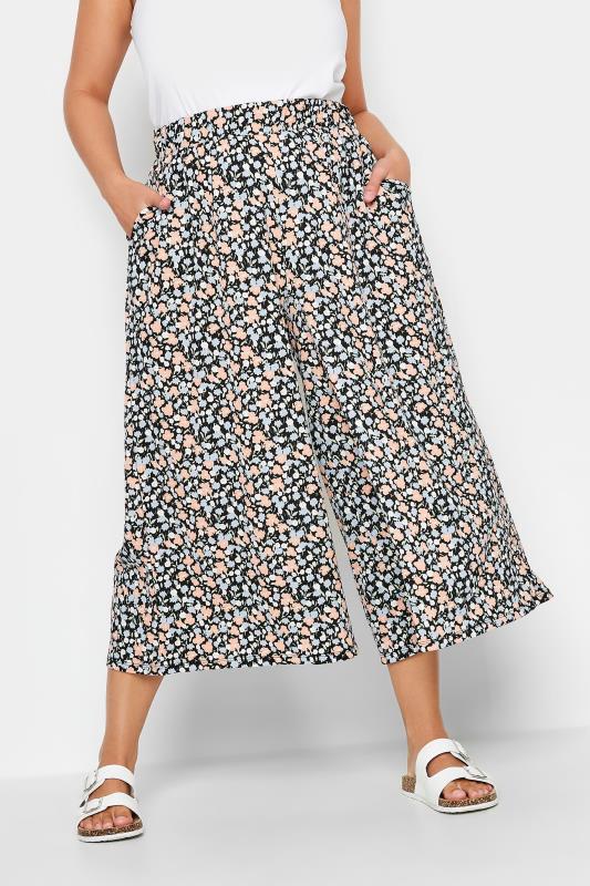 YOURS Plus Size Black Ditsy Floral Midaxi Culottes | Yours Clothing 1