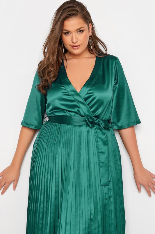 YOURS LONDON Plus Size Green Satin Pleated Wrap Dress | Yours Clothing 4