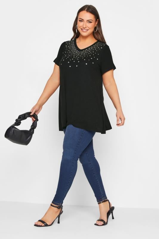 YOURS Curve Black Embellished Swing Top | Yours Clothing 2