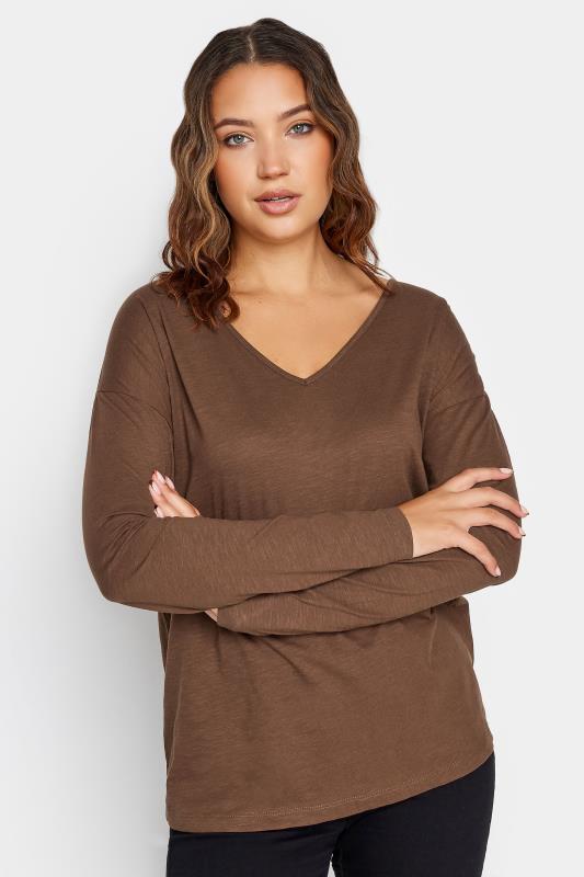Tall  LTS Tall Brown V-Neck Long Sleeve Cotton T-Shirt