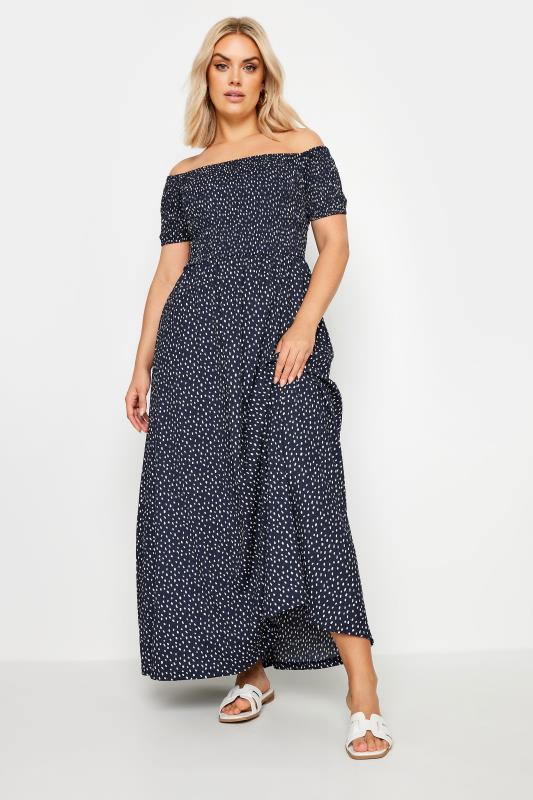 YOURS Plus Size Navy Blue Dot Print Bardot Midaxi Dress | Yours Clothing 1
