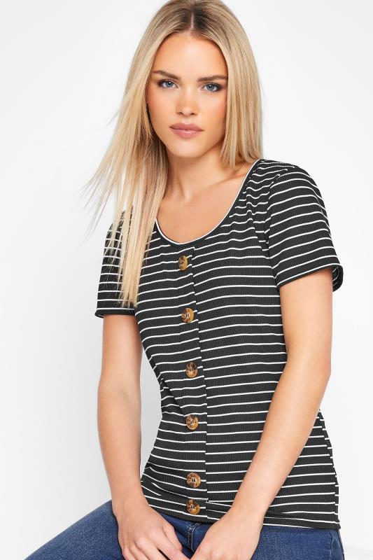 Petite Black Stripe Print Button Down T-Shirt | PixieGirl 4