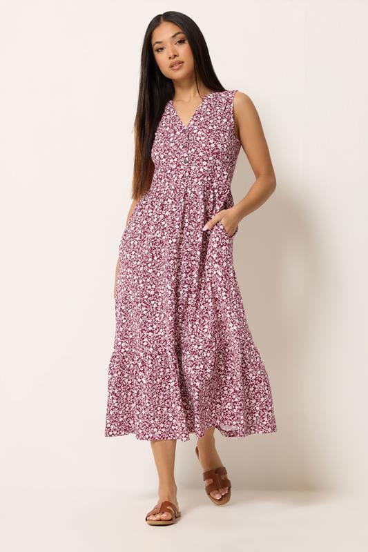 M&Co Petite Berry Red Floral Cotton Tiered Midi Dress | M&Co  1