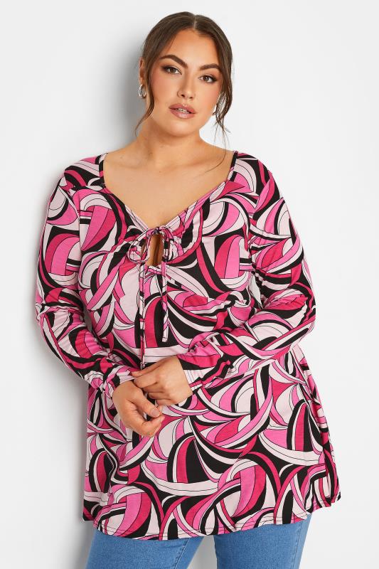 LIMITED COLLECTION Plus Size Pink Abstract Print Keyhole Tie Swing Top | Yours Clothing 5